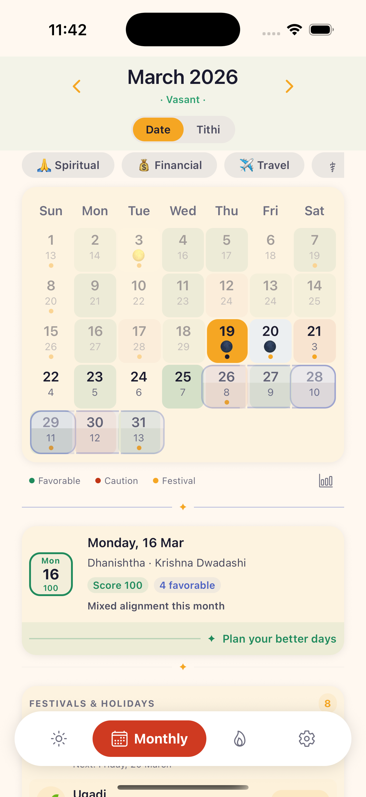 Monthly Calendar with auspiciousness heatmap